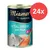 Miamor Trinkfein Vitaldrink mit Thun, ohne Milch, 24x Dosen. Katze trinkt aus Schale mit Flüssigkeit.