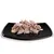 Close-up of shredded tuna on a black plate, presented as a product image.
