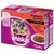 Pachet Whiskas Junior 2–12 Monate, Fleisch Auswahl in Sauce, 12 x 100 g. Vizibil: imagine pisoi, farfurie cu hrană umedă, text în germană despre sortimente: Huhn, Rind, Lamm, Kaninchen.
