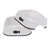Two white food bowls with black fish motif, one elevated with cut-out for easy feeding.