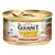 Консерва для кошек Gourmet Gold Raffiniertes Ragout mit Lachs. На упаковке изображены белая кошка и порция рагу из лосося на тарелке.