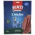 RINTI Extra Chicko, 100% Wild im Fleischanteil, knusprige Wildstreifen, 250 g. Na obalu je vyobrazen pes a proužky sušeného masa. Text 'NEU' v pravém horním rohu.