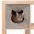 Grey felt box with cat head cut-out, integrated into a wooden shelf. A tabby cat is sitting inside and looking out.