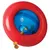 Red and blue treat dispenser toy with dry food pieces falling out, showing how treats are released from the opening during play.
