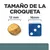 Tamaño de la croqueta: imagen comparativa con una croqueta de 12 mm y un dado azul de 16 mm. Texto visible: 'TAMAÑO DE LA CROQUETA', '12 mm', '16 mm'.