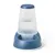 Dispenser per acqua in plastica trasparente e blu con serbatoio verticale e ciotola integrata alla base, adatto per pet. Nessun marchio o testo visibile.