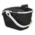 Black transport basket with white handle and ventilation slots, made of plastic mesh. Folding lid with lock.
