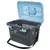 Plastic pet carrier with ventilation slots, blue lid open, grey base, two blue latches on front, and black shoulder strap visible.