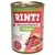Blik Rinti Kennerfleisch Senior met rund, getreidefrei, fettreduziert, ballaststoffe. Op het etiket: stukken rundvlees, lever en groente zichtbaar. Duitse tekst op verpakking.