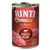 Konzerva Rinti Singlefleisch Exclusive Ziege Pur, nápisy: 1 Protein Single, getreidefrei. Vyobrazené kusy masa a silueta kozy.