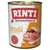 RINTI Kennerfleisch mit Huhn, getreidefrei. Blik met afbeelding van stukjes kip en vlees. Rood zegel: Rinti seit 1983 Original. Tekst deels in het Duits.