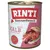 RINTI Kennerfleisch mit Kalb, getreidefrei. Blik met afbeelding van verschillende stukken vlees en orgaanvlees op de voorkant. Rinti seit 1983 Original staat zichtbaar op het etiket.