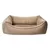 Rectangular, beige bed with a soft border and padded sleeping surface. Rectangular, beige bed with a soft border and padded sleeping surface.