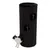 Tour à griffer noire en tissu avec trois ouvertures rondes, deux jouets suspendus visibles et un chat noir et blanc sortant de l’ouverture du bas. Tour à griffer noire en tissu avec trois ouvertures rondes, deux jouets suspendus visibles et un chat noir et blanc sortant de l’ouverture du bas.