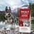 Wolf of Wilderness Raw Taste Canadian Woodlands freeze-dried raw-coated food, 100% grain-free and potato-free recipe, shown beside a wolf in a natural outdoor setting.