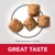 Four kibbles shown with text stating kibble size approximately 7 by 17.5 millimetres and the phrase 'Great Taste' highlighted below.