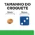 Tamanho do croquete: comparação visual entre um croquete de 6 mm e um dado azul de 16 mm. Texto visível: 'TAMANHO DO CROQUETE', '6 mm', '16 mm'.