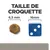 Taille de croquette : 6,5 mm à côté d’un dé bleu de 16 mm pour comparaison visuelle. Texte visible : TAILLE DE CROQUETTE, 6,5 mm, 16 mm.