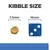 Kibble size comparison showing a kibble piece measuring 7.5mm next to a blue die measuring 16mm for scale.