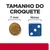 Tamanho do croquete: diâmetro de 7 mm ao lado de um dado azul com 16 mm. Texto visível: 'TAMANHO DO CROQUETE', '7 mm', '16 mm'.