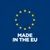 MADE IN THE EU (angol nyelvű felirat) tizenkét sárga csillagból álló kör alatt, kék háttéren