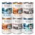 Lot de 6 boîtes Wolf of Wilderness 400 g : Blue River, Wide Acres, Strong Lands. Textes visibles : 100 % grain-free, Fish/Chicken/Pork with wild berries, roots and wild herbs.