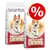 Two bags of briantos Adult Plus Chicken & Rice dog food, 14 kg each, with icons for shiny coat, high tolerance, made in Germany. Large red percent symbol indicating special offer.