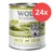 Lata de Wolf of Wilderness Green Fields, 800 g, 100 % grain-free. Pack de 24 unidades indicado en círculo rojo. Texto en inglés y alemán sobre ingredientes visibles en la etiqueta.