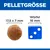 Pelletgrösse: Rundes Pellet 17,5 x 7 mm im Vergleich zu einem Würfel mit 16 mm Kantenlänge.