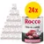 Rocco Trio di Carne våtfoder, 24x800 g. Synlig text: '3 meat varieties', 'Beef with chicken and veal'. Bild på köttbitar och staplade burkar i bakgrunden. Rocco Trio di Carne våtfoder, 24x800 g. Synlig text: '3 meat varieties', 'Beef with chicken and veal'. Bild på köttbitar och staplade burkar i bakgrunden.