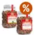 Due barattoli Meradog pure goody-snacks da 600g: uno con etichetta 'Truthahn & Kartoffel', l'altro 'Lachs & Reis'. Simbolo percentuale bianco su sfondo arancione in alto a destra.