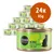 24 lattine da 85 g di Cosma Pure Love Chicken Breast in Jelly, Single Protein Pure Meat. Etichetta verde con silhouette di gatto e scritta visibile sul fronte.