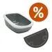 Set con lettiera aperta in plastica grigia con bordo bianco e tappetino semicircolare grigio, simbolo percentuale arancione per offerta visibile.