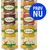 6 dåser Lukullus hundemad, varianter: Kaninchen & Wild, Putenherzen, Rind & Truthahn, Wildkaninchen & Truthahn, Geflügel & Lamm. Blå cirkel med teksten PRØV NU.