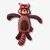 Plush toy shaped like an animal with stitched facial features, patterned body, and a heart design on its belly. The toy has four limbs and a striped tail.