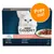 PURINA GOURMET Perle kattemad, 8 x 85 g. Smagsvarianter: med oksekød, kylling, kanin og laks. Tekst: Prøv nu! Erlesene Streifen in Sauce. Billede af hvid kat og mad på tallerken.