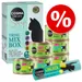 Cosma Pure Love Soup Trial Mix Box, konzervy Kitten Salmon in Jelly, Kitten Skipjack Tuna in Jelly, Kitten Chicken Breast in Jelly a Cosma Snackies Minis Chicken. Červený symbol procenta.