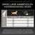 Voedingsschema: Aanbevolen dagelijkse hoeveelheden in gram voor honden van 25-90 kg, onderverdeeld naar activiteit <1u en 1-3u. Voorbeeld: 25 kg, <1u: 325g, 1-3u: 375g.