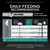 Daily feeding recommendation chart showing dry food grams per day by weight, or combined with one 85g wet food pouch. Portion calculator available on new packs.