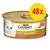 PURINA Gourmet Gold Feine Pastete mit Gemüse, mit Ente und Spinat. Dåse med billede af hvid kat og paté. Gul cirkel med rød tekst: 48x.