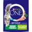 Purina One Bifensis Indoor Formula, rich in turkey as number one ingredient, with images of meat, grains, herbs and a cat on the packaging.