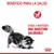 Texto: Beneficio para la salud. Ayuda a mantener una digestión saludable. Imagen de un gato y símbolo rojo con estómago. Marca Royal Canin visible en la parte inferior derecha.