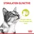 Texte : STIMULATION OLFACTIVE. Stimule l’odorat très développé des chats. Image d’un chat et pictogramme illustrant la stimulation olfactive.