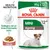 Royal Canin MINI Ageing 12+, confezione da 12 buste da 85 g, salsa. Sostegno ad un invecchiamento sano. Immagine di cane piccolo e crocchette in salsa.