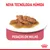 Nova tecnologia húmida. Pedaços em molho apresentados num prato branco. Marca Royal Canin.