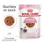 Royal Canin Kitten Up to 12 months, bouchées en sauce, 85 g x12. Texture tendre pour les dents de lait. Étape 3. Photo d’un sachet et d’une assiette avec bouchées en sauce.