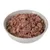 Bowl with moist pet food, consisting of brown meat pieces and several larger pieces in a grey ceramic bowl.
