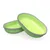 Two green oval plastic pet bowls with grey rims, stacked together. No visible brand or text.