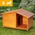 Wooden outdoor kennel with pitched roof and sheltered porch area, shown in a garden. Yellow icon in corner indicates size S and dog symbol. Wooden outdoor kennel with pitched roof and sheltered porch area, shown in a garden. Yellow icon in corner indicates size S and dog symbol.