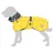 Impermeabile giallo per cani con strisce rifrangenti, motivo razzo e collo regolabile con design spaziale. Ciondolo logo TIA visibile.